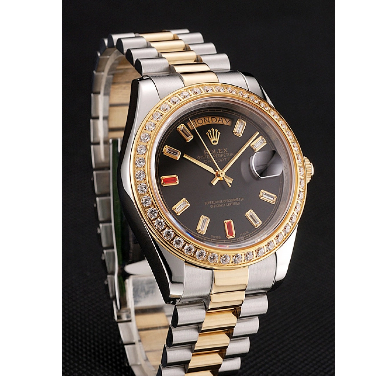 AAA replica watch 1454105 Bracelet Swiss Two Diamonds Black Rolex Dial Tone And Day-Date Rubies 1014